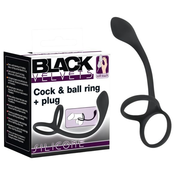Black Velvet - dunne anale dildo met penis- en balring (zwart)