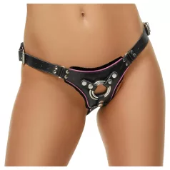   ZADO - zwarte leren slip met harnas voor opzetdildo BDSM (S-L)