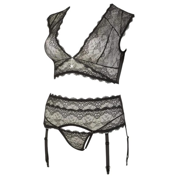 Cottelli Plus Size - stras-lingerieset met kant (zwart)
