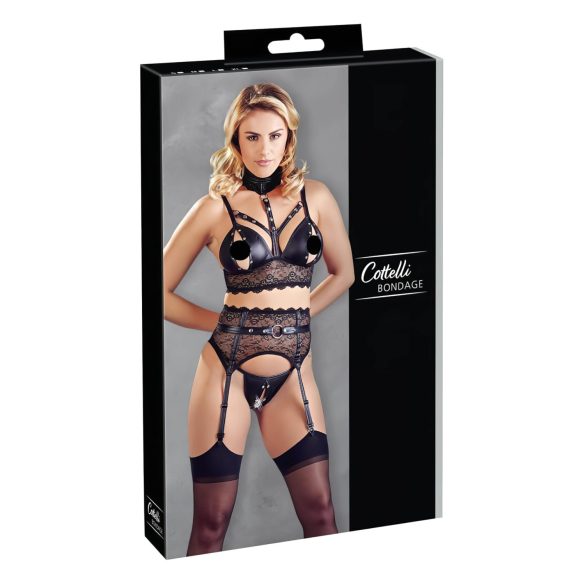 Cottelli Bondage - kanten lingerieset met handboeien (zwart) - XL