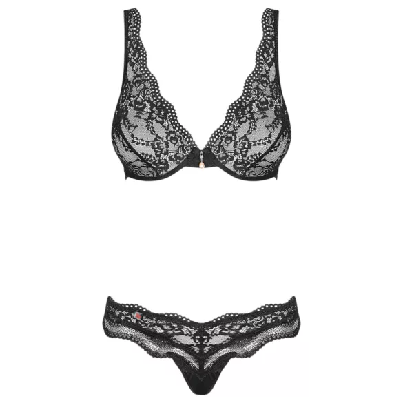 Obsessive Luvae - bh set - bloemenmotief met strass - zwart