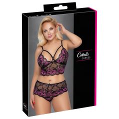 Cottelli Plus Size - bloemen bh-set (zwart-paars) - 3XL/4XL