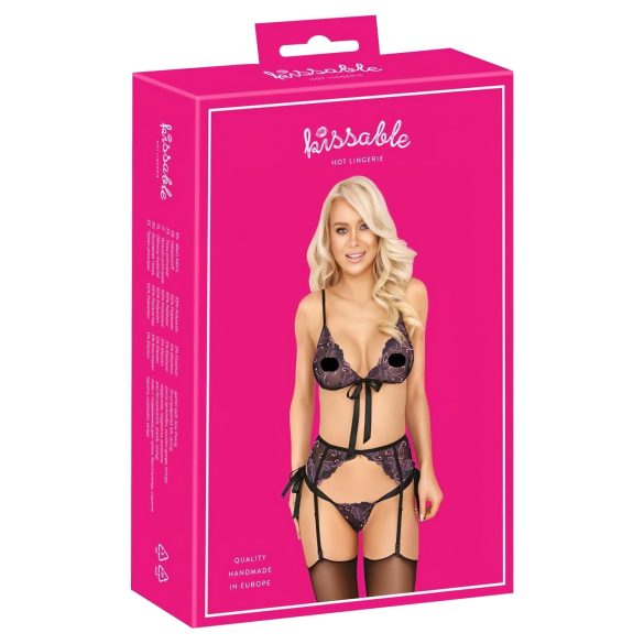 Kissable - Zwart Bh-setje met Roze & Paarse Borduursels - L/XL