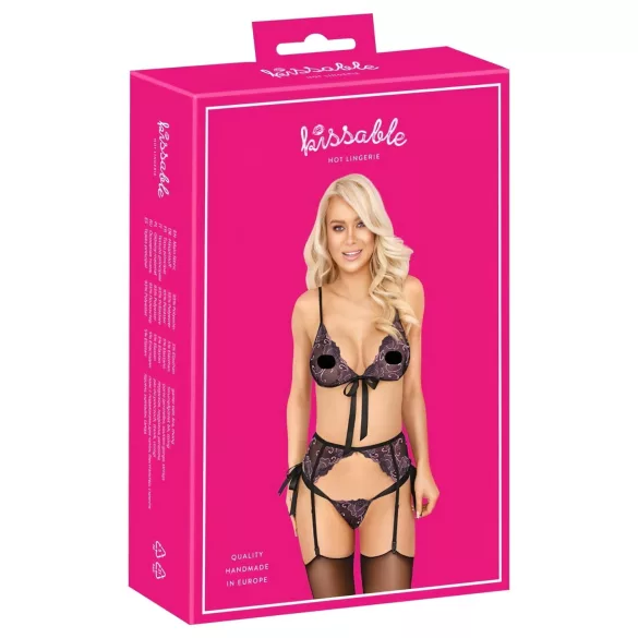 Kissable - zwarte bh set met roze-paars borduursel - L/XL