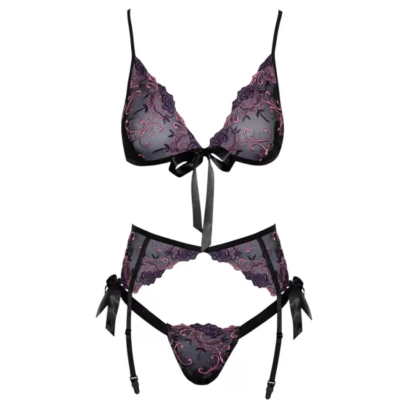 Kissable - zwarte bh set met roze-paars borduursel - L/XL