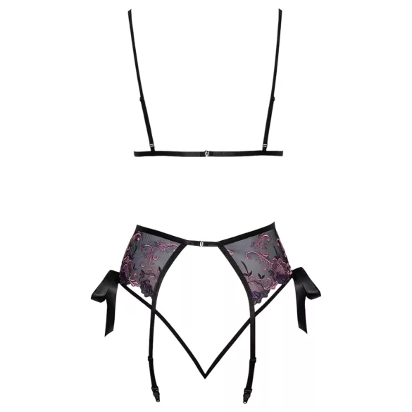 Kissable - zwarte bh set met roze-paars borduursel - L/XL