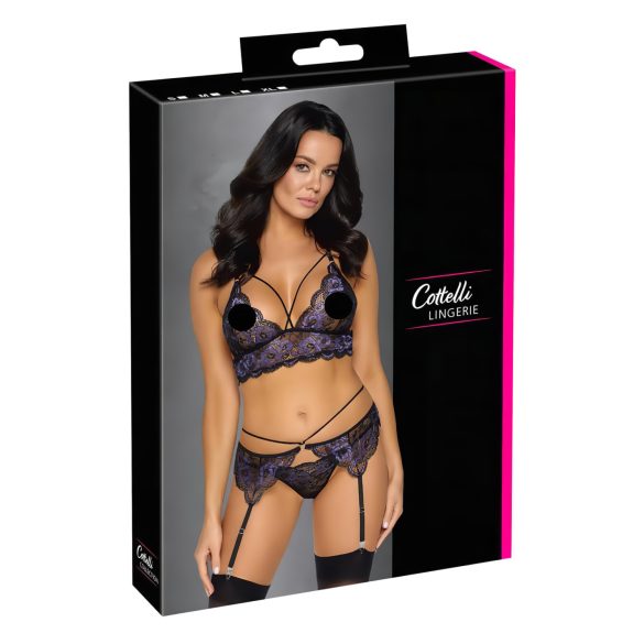 Cottelli - 3-delige kanten lingerie set (zwart-violet)