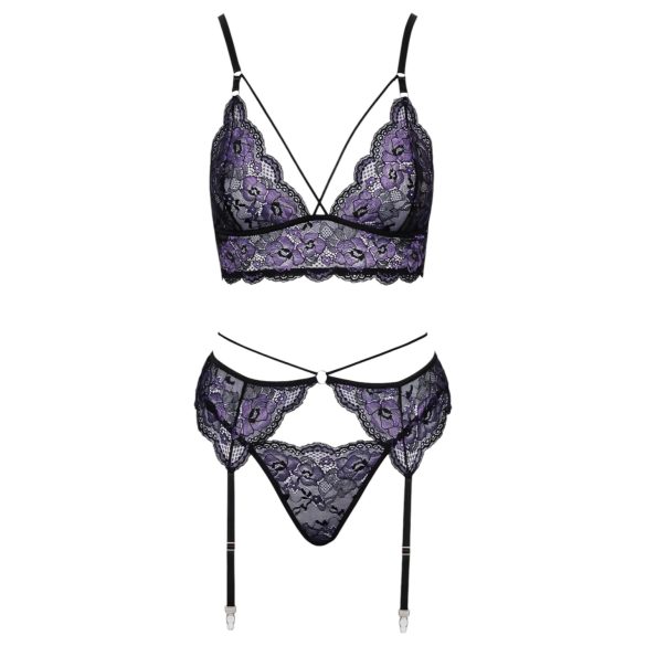 Cottelli - 3-delige kanten lingerie set (zwart-violet)