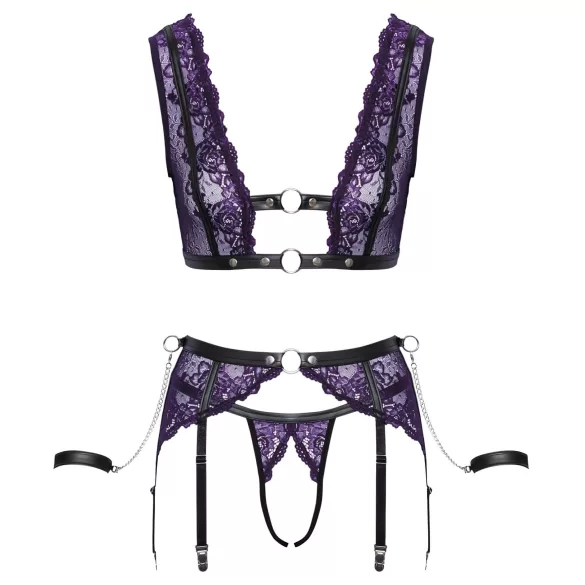 Cottelli Bondage - lingerie set en polsboeien (zwart-paars)