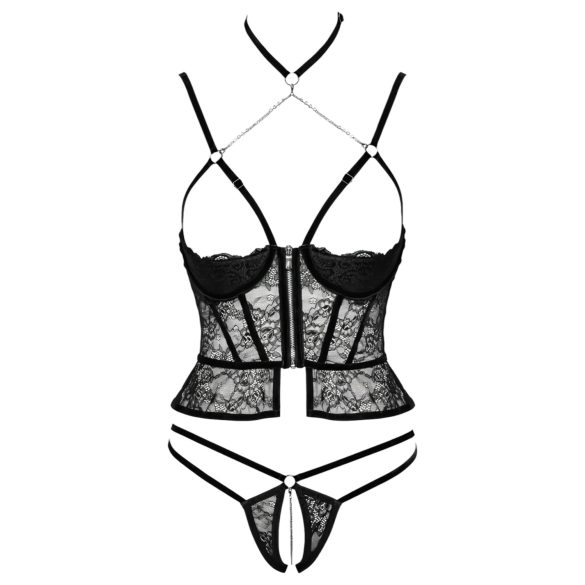 Abierta Fina - open string en korset - zwart - lingerie set - M