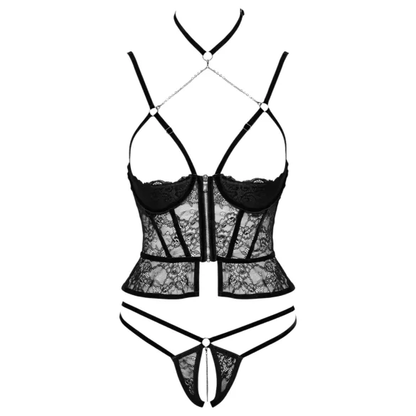 Abierta Fina - open string en korset - zwart - lingerie set - L