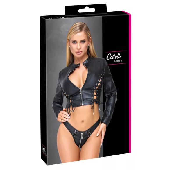 Cottelli - korte kunstleren jas en string-set (zwart) - M