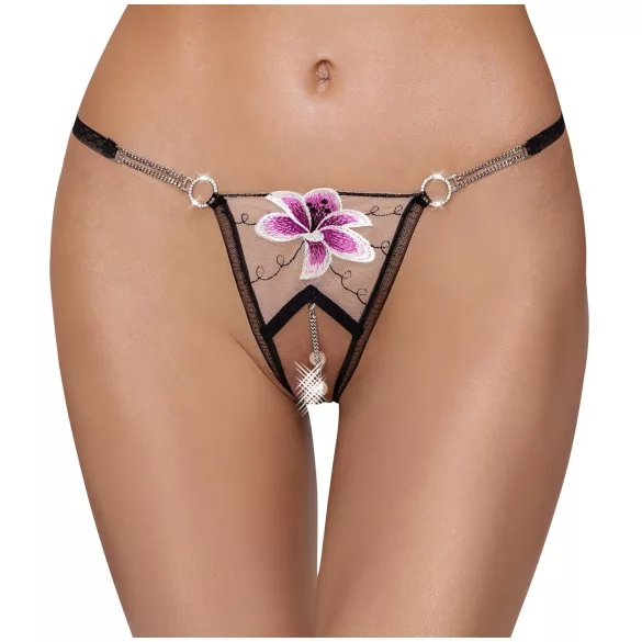 Cottelli - string slip dames - geborduurde lelie - zwart wit - M/L