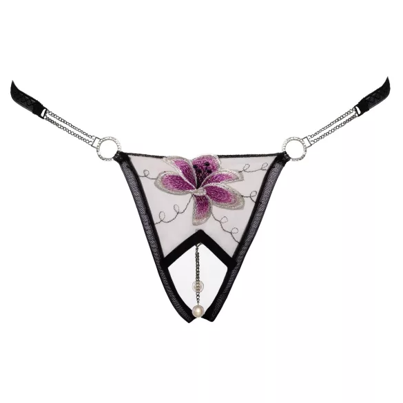 Cottelli - string slip dames - geborduurde lelie - zwart wit - M/L