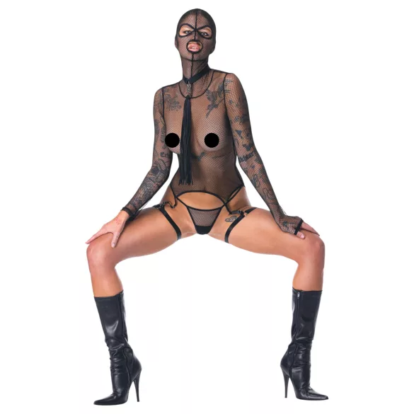 Bad Kitty - BDSM set met zweep - transparant netstof - zwart - L