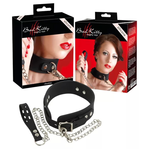 Bad Kitty - siliconen halsband met riem - zwart