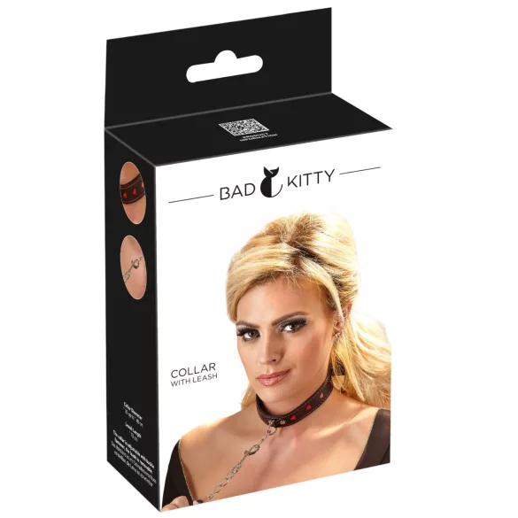 Bad Kitty - halsband met hartje en metalen ketting - zwart