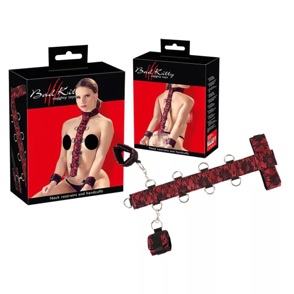 Bad Kitty - bondage set koppelbare pols- en neksluiting - rood/zwart