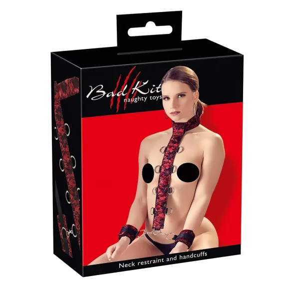 Bad Kitty - bondage set koppelbare pols- en neksluiting - rood/zwart