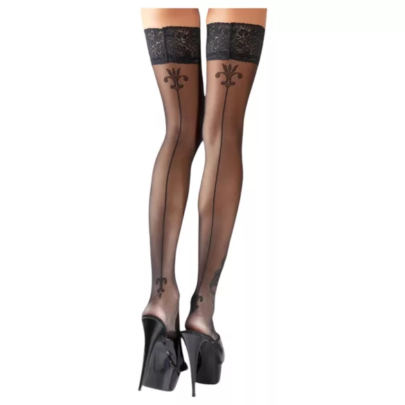 Cottelli - hold-up kousen - bloemenprint, gestreept - zwart
