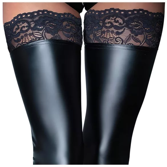 Noir - hold-up kousen - kanten rand - glanzend - zwart - XL