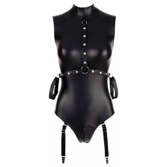 Cottelli Bondage - body zonder mouwen met boeien - glanzend zwart - L