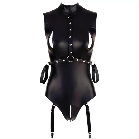 Cottelli Bondage - body zonder mouwen met boeien - glanzend zwart - L