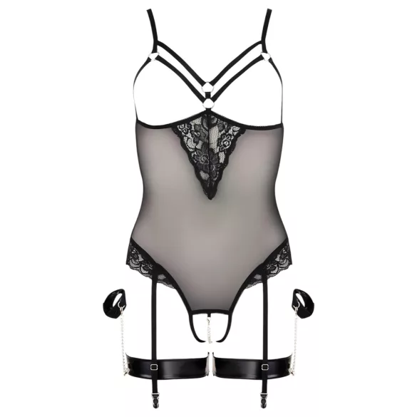 Cottelli Bondage - body met metalen ringen en polsboeien - zwart