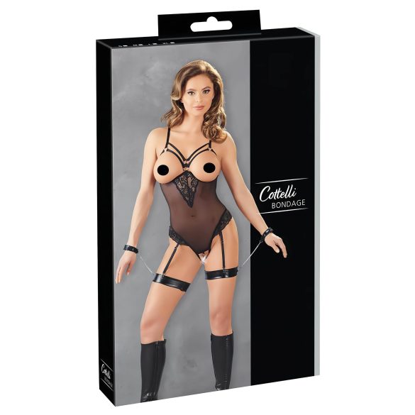 Cottelli Bondage - Zwarte body met metalen ring en polsboeien - L