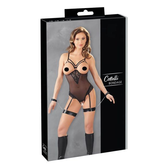 Cottelli Bondage - Zwarte body met metalen ring en polsboeien - XL