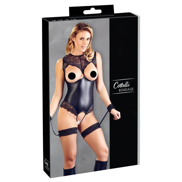 Cottelli Bondage - Glanzend open body en polsboeien (zwart) - L