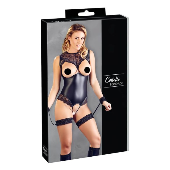 Cottelli Bondage - Glanzend open body en polsboeien (zwart) - L