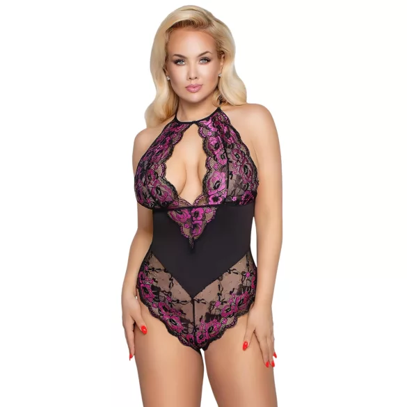 Cottelli Plus Size - bloemen body - zwart/paars - 2XL