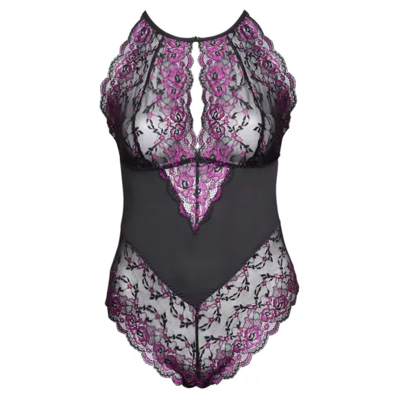 Cottelli Plus Size - bloemen body - zwart/paars - 2XL