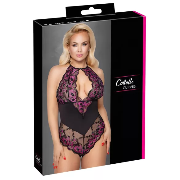 Cottelli Plus Size - bloemen body - zwart/paars - 4XL