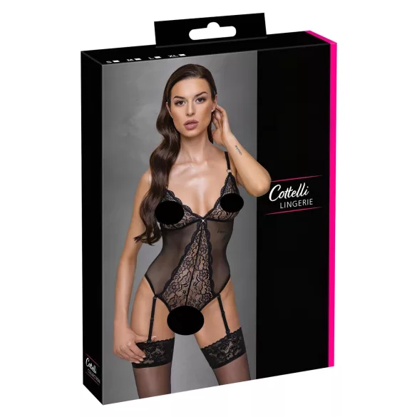 Cottelli - open body met jarretelles en kant - zwart - L