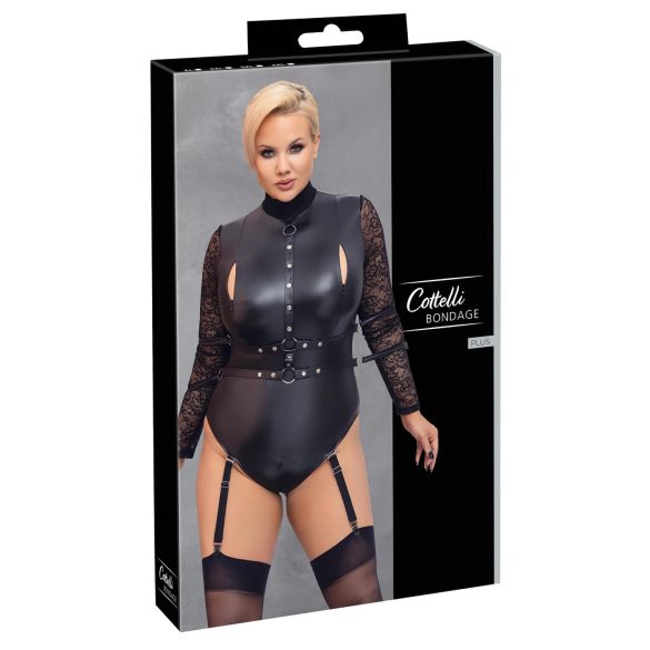 Cottelli Bondage Plus Size - kanten body met lange mouwen (zwart) - 3XL