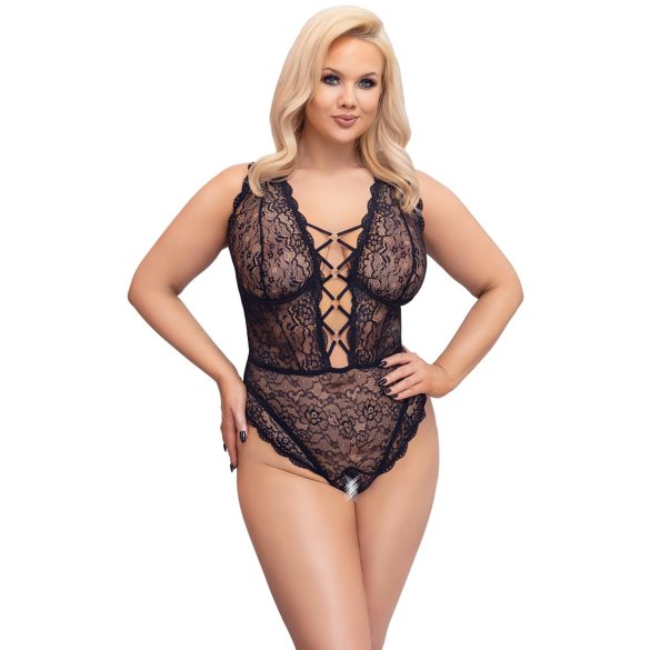 Cottelli Curves - plus size body - transparant met patroon - zwart - 90D/XL
