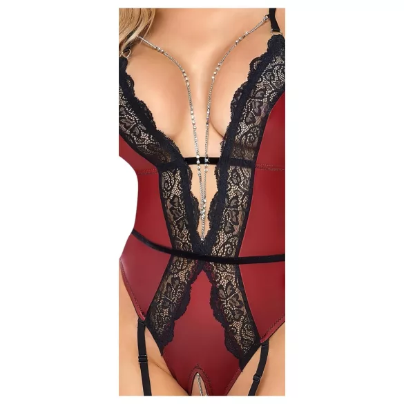 Abierta Fina - open body met jarretels - zwart/rood - lingerie - M