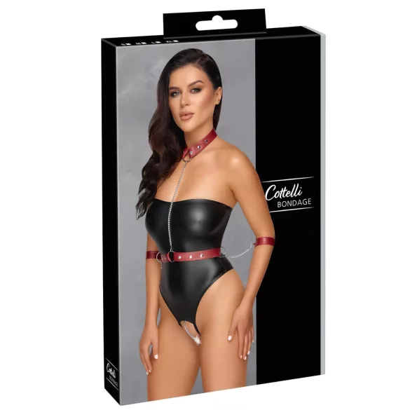 Cottelli Bondage - glanzende body + arm- en halsfixatie (zwart) - M