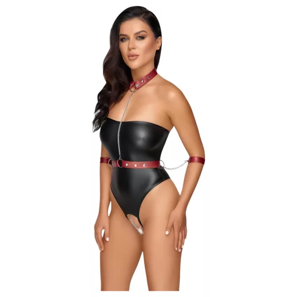 Cottelli Bondage - glanzende body + arm- en halsfixatie (zwart) - M