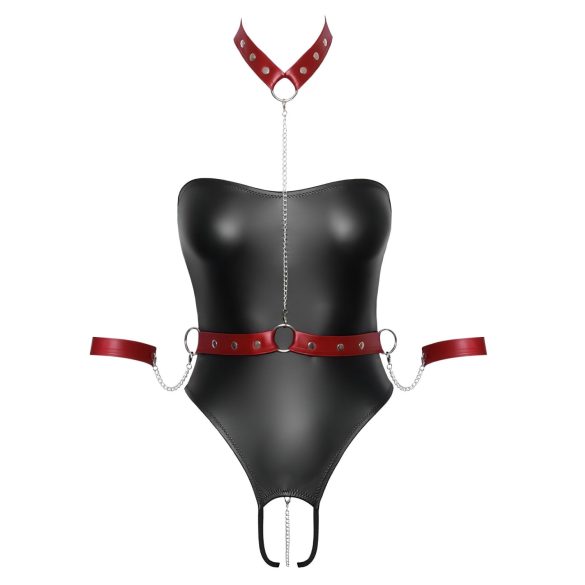 Cottelli Bondage - glanzende body met polsboeien - zwart - M