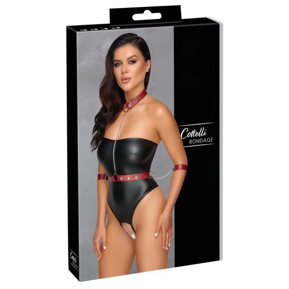 Cottelli Bondage - glanzende body met polsboeien - zwart - L