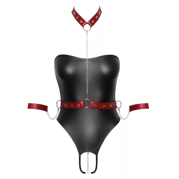 Cottelli Bondage - glanzende body + arm- en halsfixatie (zwart) - L