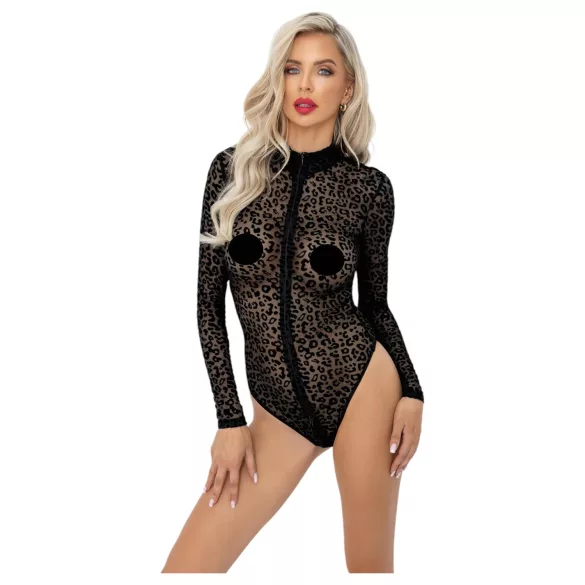 Noir - luipaardprint lange mouwen body (zwart)