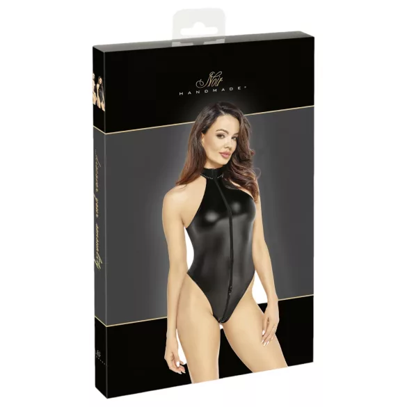 Noir - glanzende body met halternek (zwart) - L