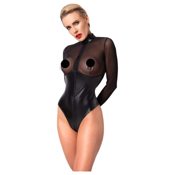 Noir - bodysuit - transparant inzetstuk - glanzend zwart - XL