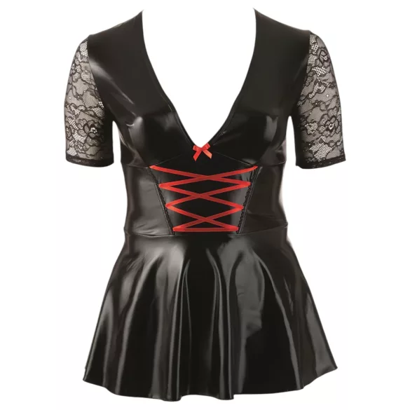 Cottelli Plus Size - glanzende jurk - rood korset detail - zwart