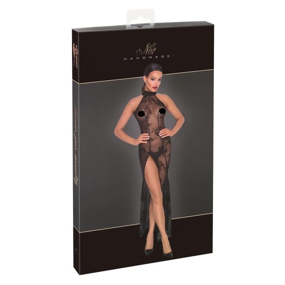 Noir - transparante lange jurk - bloemenmotief - zwart