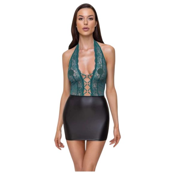 Cottelli - Glanzende jurk met veters en kant (zwart-groen) - XL